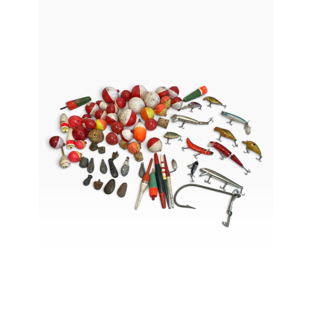 Vintage Fishing Tackle Lot Lures Bobbers Heddon Tiny Torpedo Red White Used